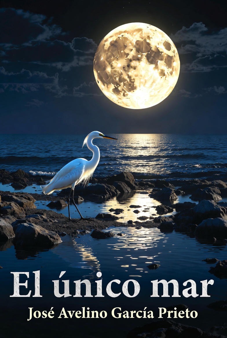 Portada del libro «El único mar», de José Avelino García Prieto: una garza blanca junto al mar bajo la luna llena