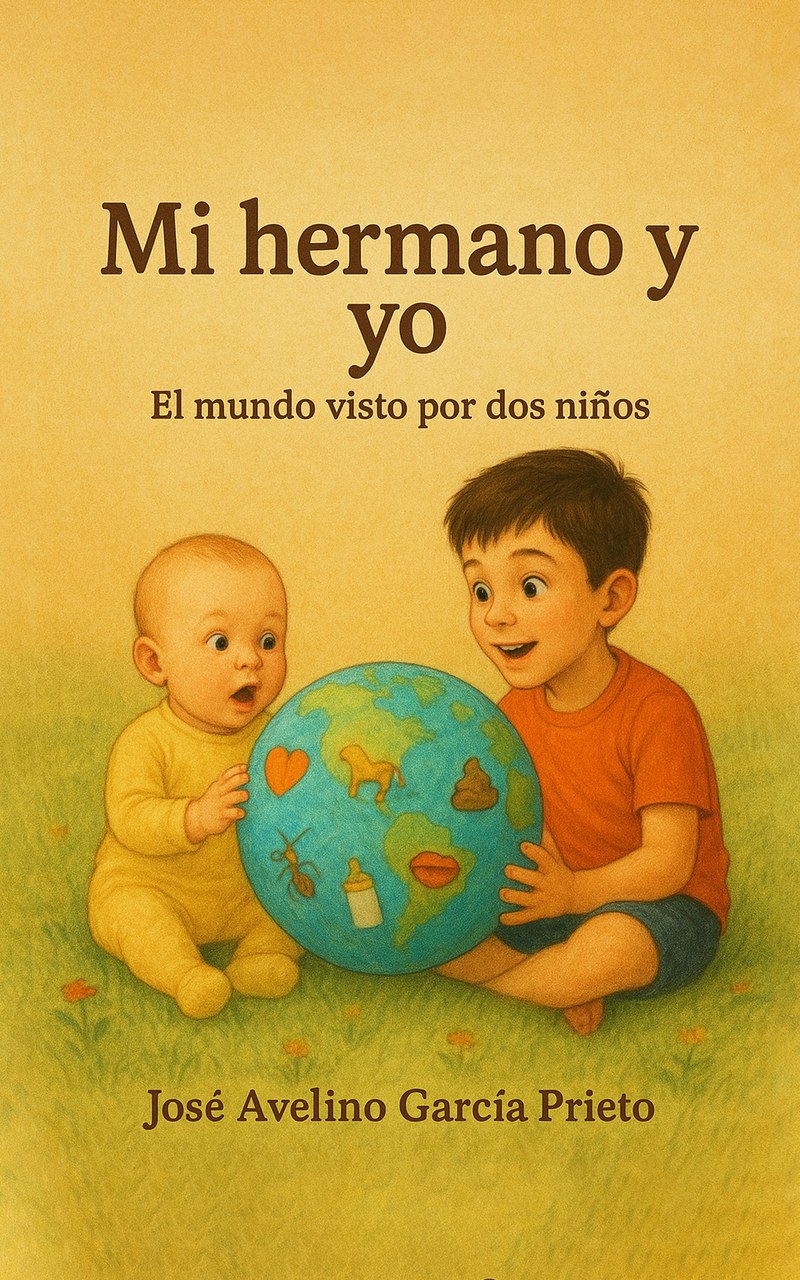 Portada del libro «Mi hermano y yo. El mundo visto por dos niños», de José Avelino García Prieto: un bebé y su hermano mayor juegan con una bola del mundo