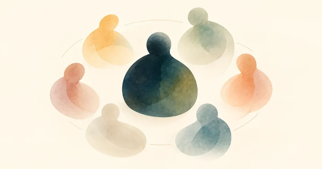 Ilustración en acuarela: formas de colores en círculo, como un consejo, con una figura grande y oscura en el centro que eclipsa a las demás