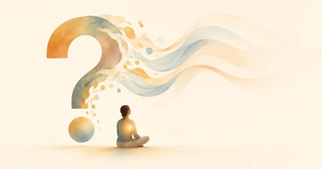 Ilustración en acuarela: un gran signo de interrogación que se deshace en ondas suaves junto a una persona sentada en calma, con una luz tenue en el pecho